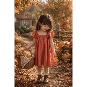 Pumpkin Spice Blooming Embroidered Flutter Slv Gauzy Muslin Dress 3T